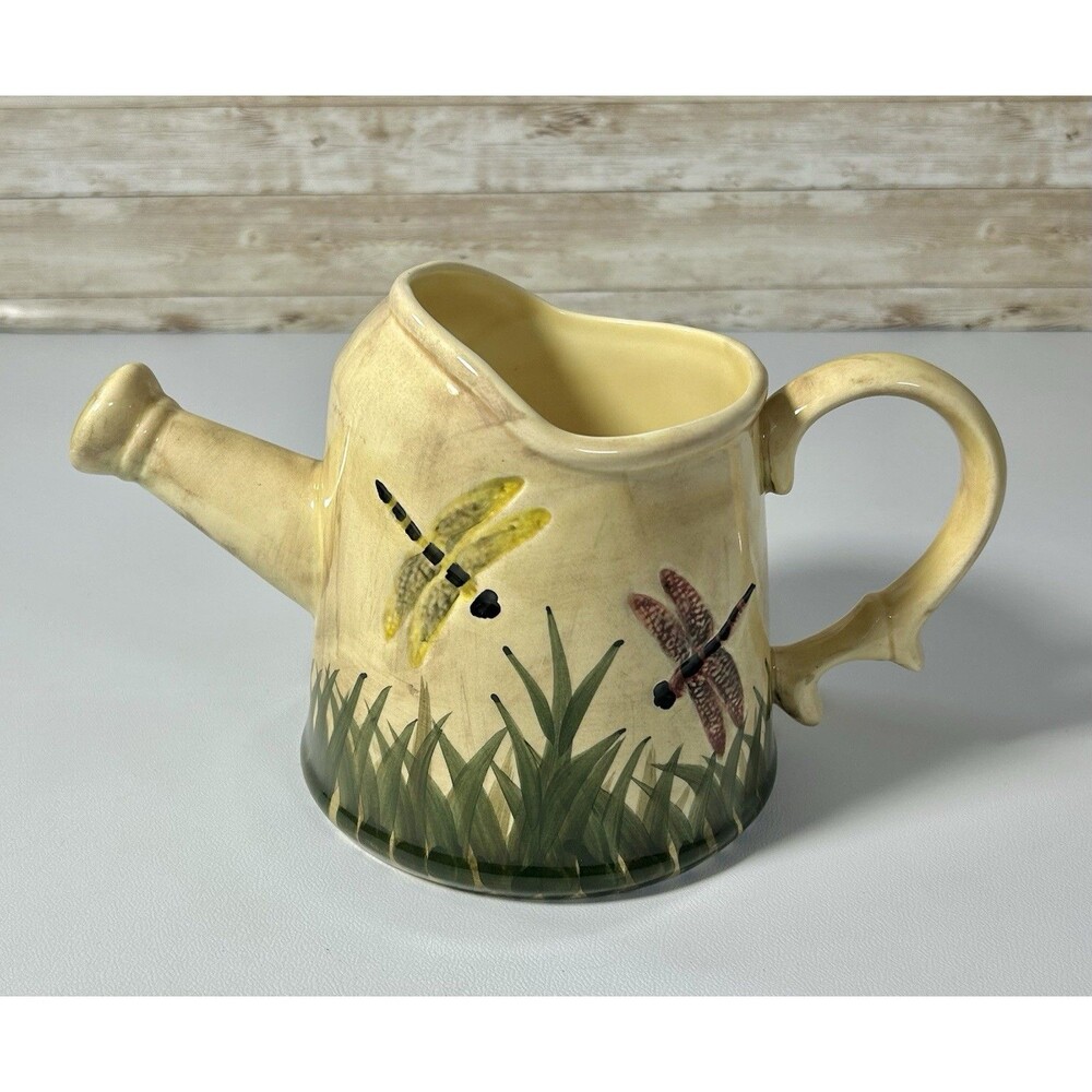 Dragonfly Grass Decorative Yellow Creme Ceramic Watering Can World Bazaars